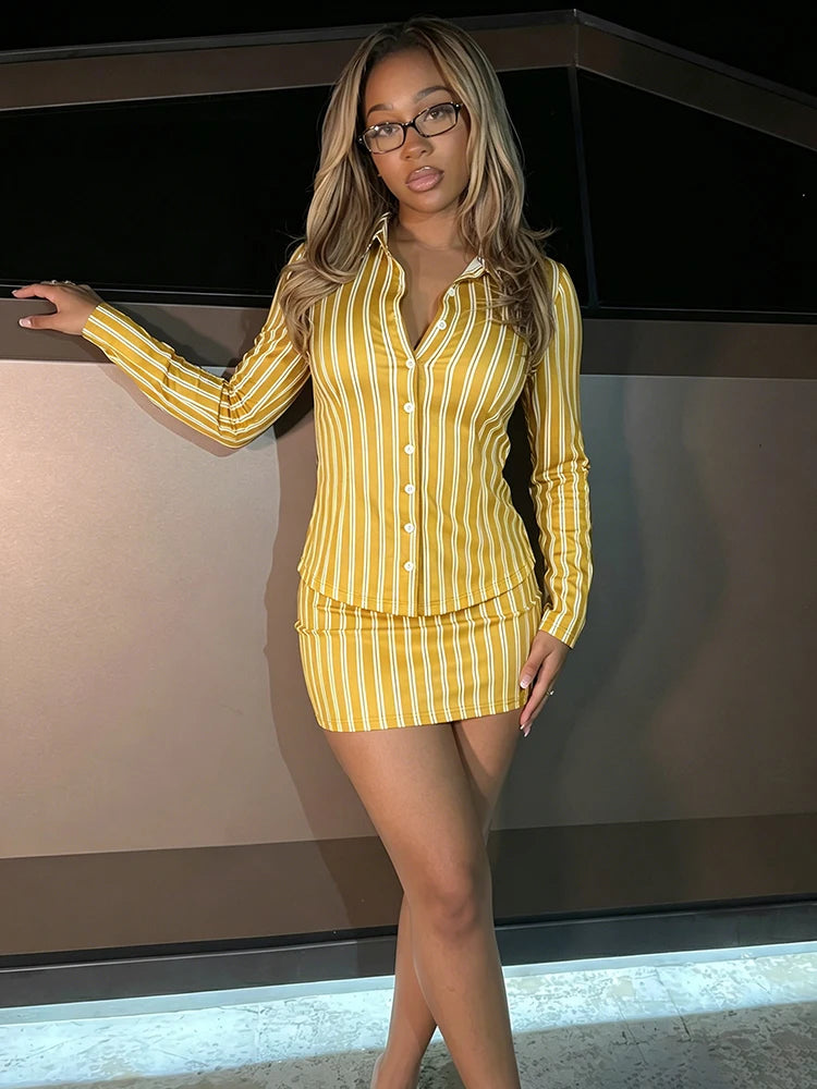 Stripes Print 2-Piece Set Women Tracksuit Crop Blouse+Peach Hip Skirts Matching Streetwear Office Elegant Outfits