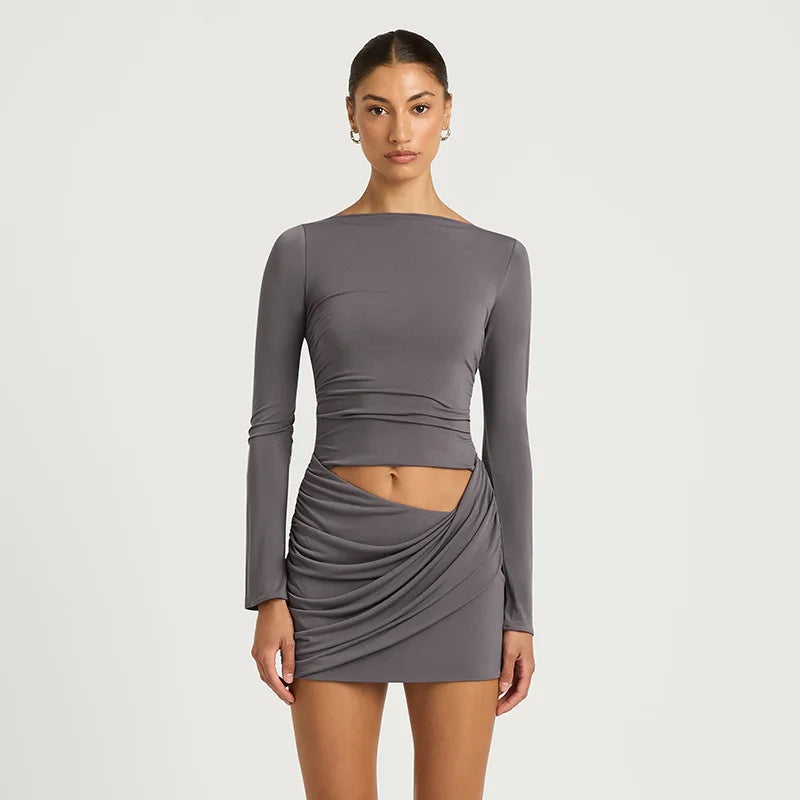 Long Sleeve Mini Dress with Asymmetrical Waist Cut-out Ruched Bodycon Dresses for Woman Fall 2026