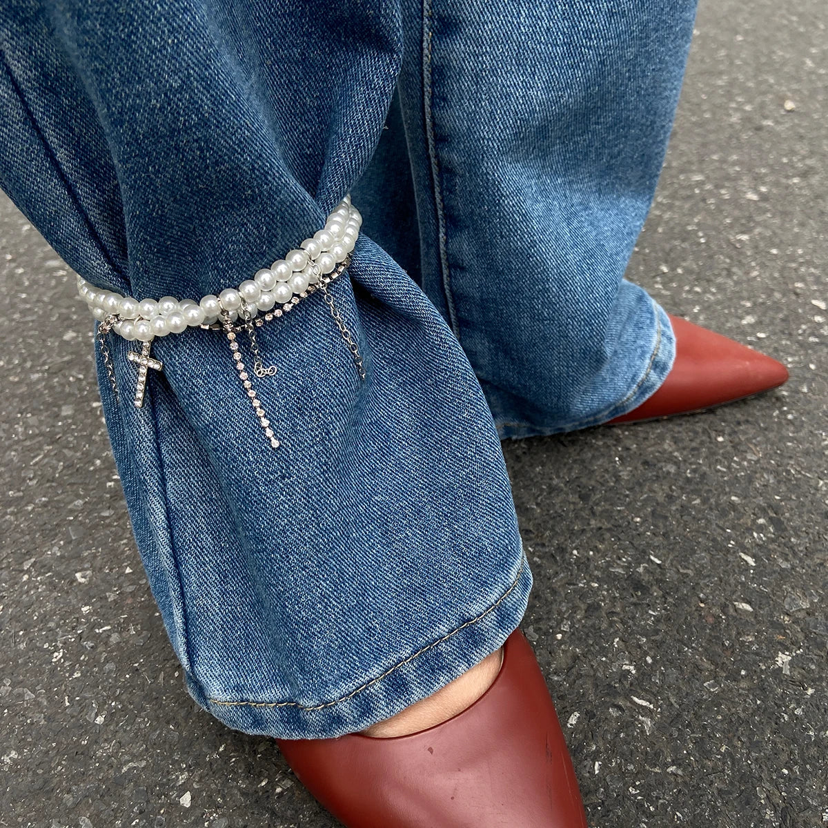 Unique Cross Rhinestone Tassels Pendant Anklet Women Elegant Multilayer Imitation Pearl Foot Chain Summer Charm Jewelry