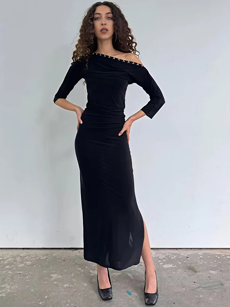 Off-shoulder Backless Sexy Maxi Dress Women Elegant Black Bodycon Ruched Split Party Club Long Dress Female Gown