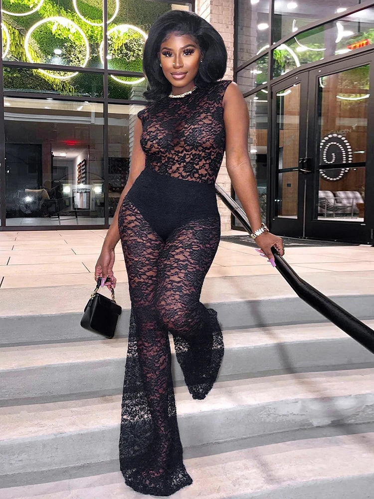 Sexy Mesh See Through 2 Piece Set Women Skinny Sleeveless Bodysuits+Flared Pants Midnight Club Party Coquett Outfits