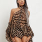 Tiger Print 2-Piece Set Women Halter Bandage Off-Shoulder See Through Lantern Sleeve Vest+Simple Short Sexy Suits