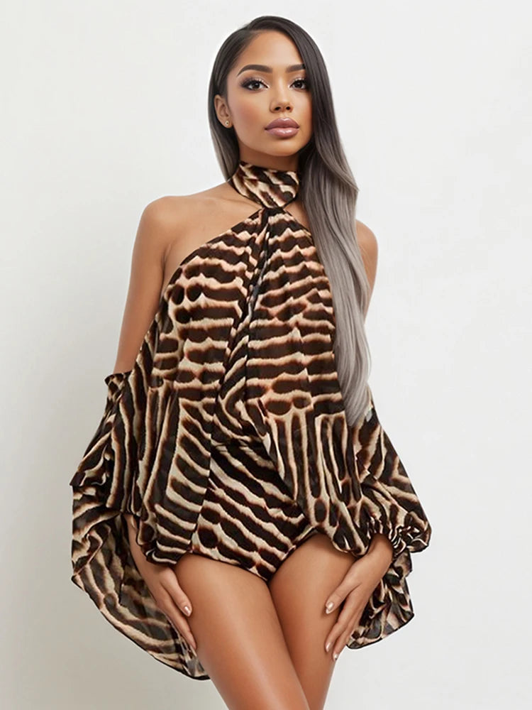 Tiger Print 2-Piece Set Women Halter Bandage Off-Shoulder See Through Lantern Sleeve Vest+Simple Short Sexy Suits