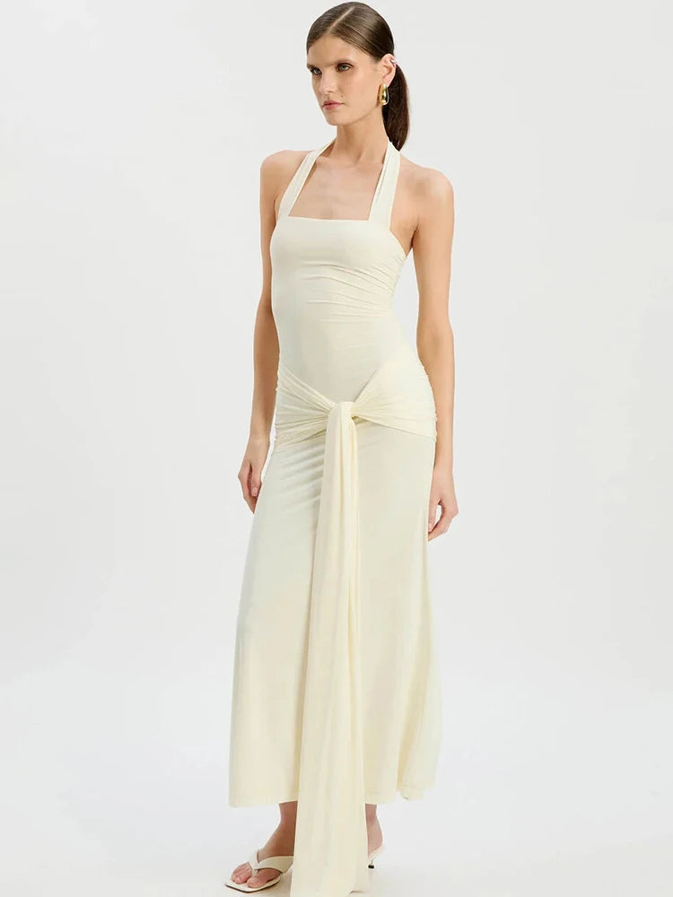 Halter Backless Sexy Maxi Dress Women Elegant Square Collar Sleeveless Ruched Waist Draped Bodycon Club Party Dress