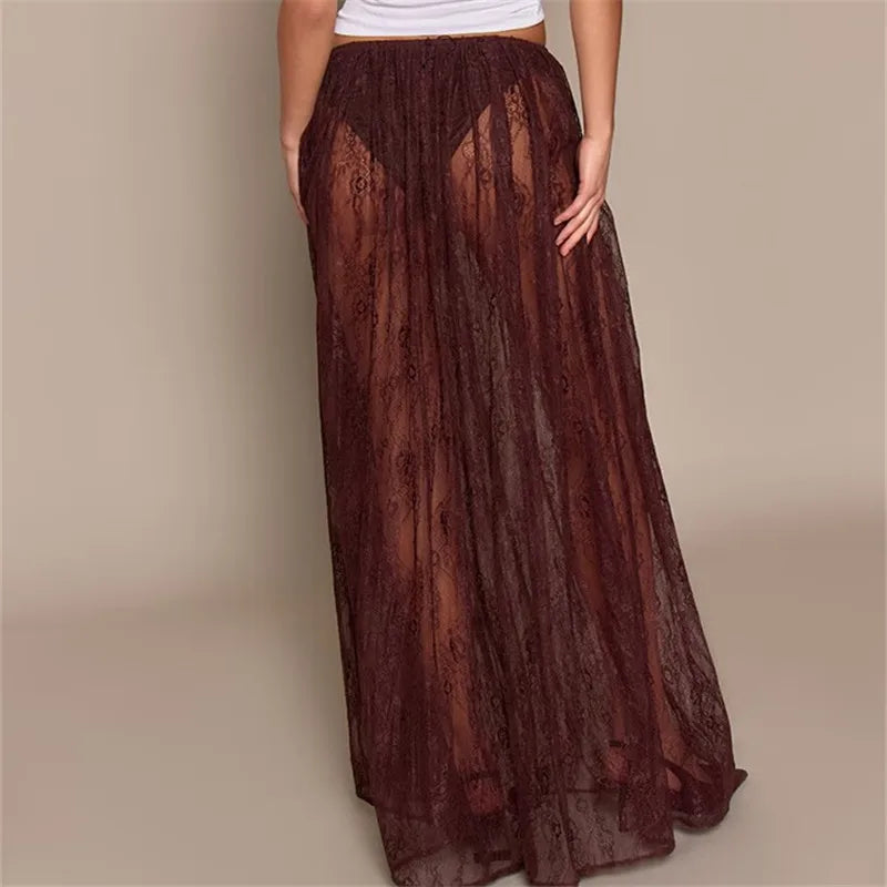 Summer Beachy Sheer Floral Lace Maxi Skirt Elastic Waist See-Through Mesh Long Skirt for Casual Vacation Wear