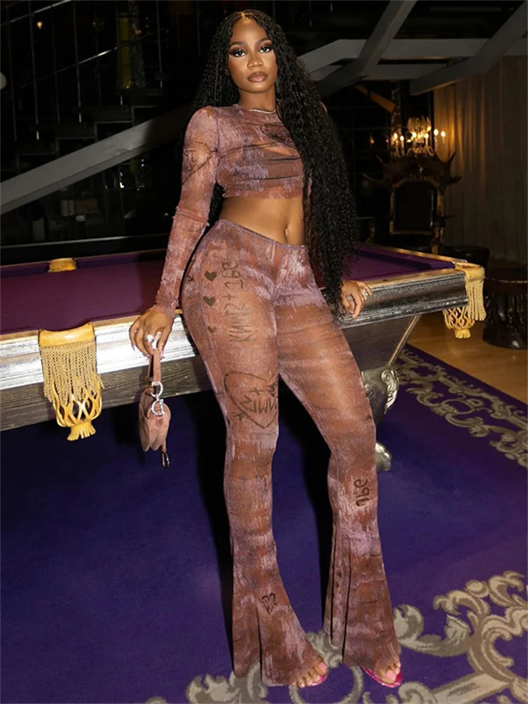 Fashion Print Sexy See Through 2 Piece Set Women o-Neck Full Sleeve Crop Tops+Straight Flared Pants Hottie Streetwear