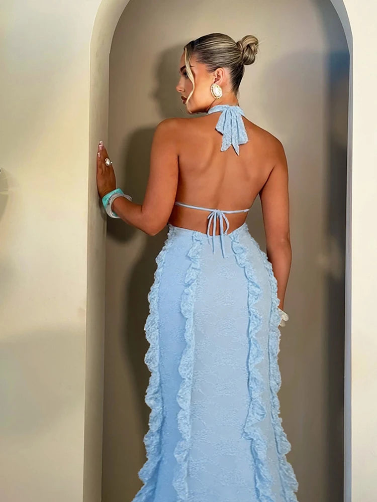 Halter Deep V-Neck Dress Women Elegant Mesh Tassel Patchwork Backless Split Skinny Jacquard Sleeveless Maxi Bodycon