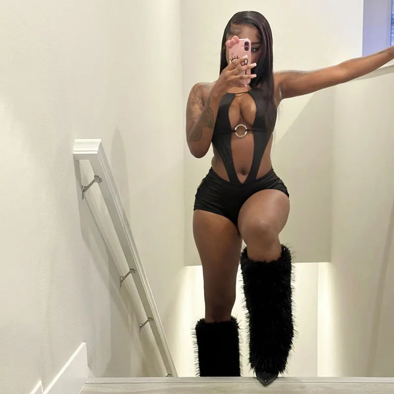 Women's Sexy Halter Neck Cutout Ring Detail Romper Backless Tie Up Bodycon Short Jumpsuit Y2K Rave Festival Outfit