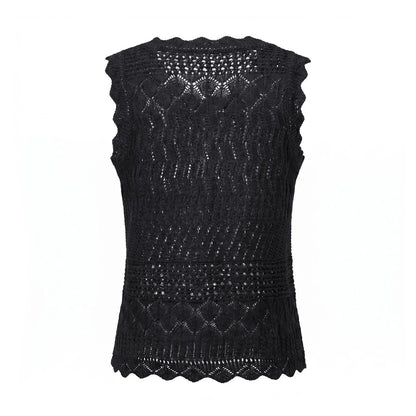 Women Hollow Out Knit Tank Top Sleeveless Scallop Trim Crochet Blouse Casual Summer Beach Aesthetic Streetwear Daily Top