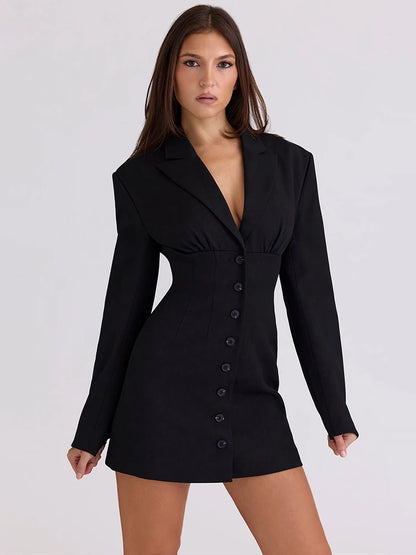 Long Sleeve Single-breasted Sexy Blazer Dress Women Gown Elegant Black V Neck High Waist Club Party Dress Office Lady