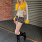 Furry Patchwork 2 Piece Set Women Hipster Mesh Shirring Full Sleeve Crop Tops+Bike Shorts Skinny Y2K Street Clubwear