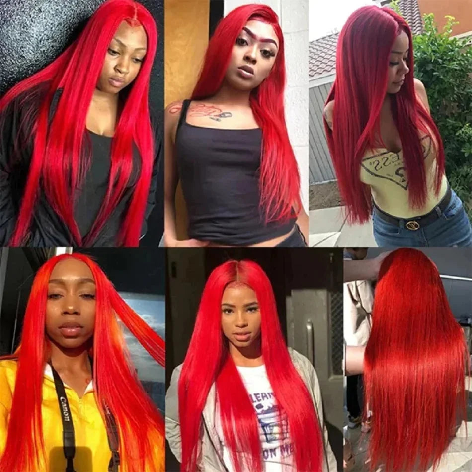 30 40 Inch 200% Hot Red Straight 13x6 13x4 HD Lace Frontal Human Hair Wig For Women