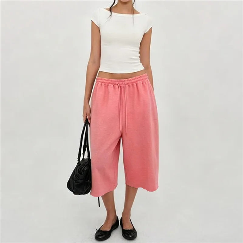 Ladies Raw Edge Bermuda Sweat Pants Elastic Drawstring Waist Loose Wide Leg Casual Knee Length Capri Jogger Trousers