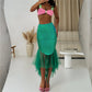 Women Shiny Mermaid Scale Skirt High Waist Bodycon Midi Skirt Asymmetric Tulle Ruffle Hem Mermaid Costume
