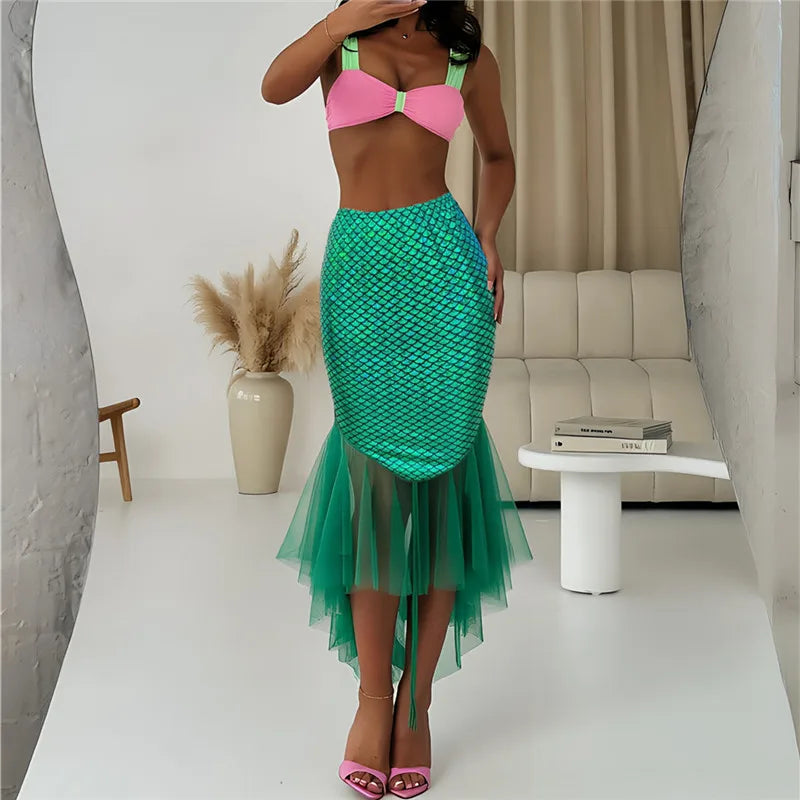 Women Shiny Mermaid Scale Skirt High Waist Bodycon Midi Skirt Asymmetric Tulle Ruffle Hem Mermaid Costume