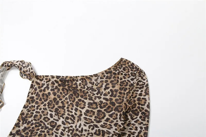 Leopard Print Mesh Asymmetrical Tops Sexy Lace Up One Shoulder Long Sleeve Shirts Woman Clothes