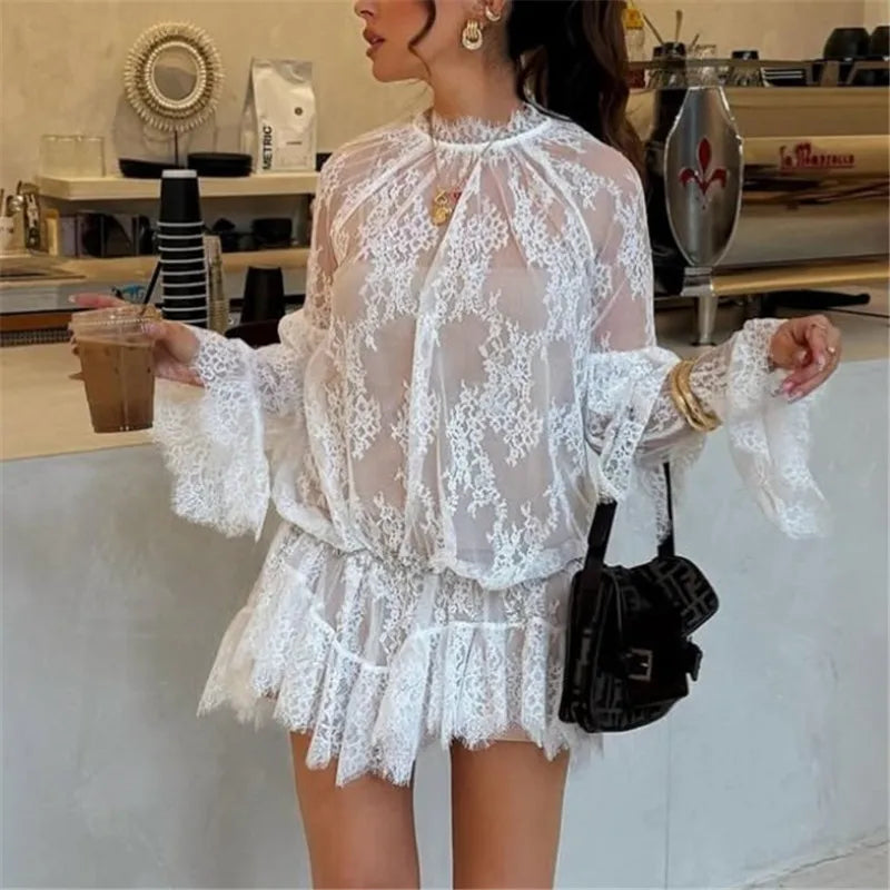 Women Lace Sheer Dress Sexy See Through Mesh Long Sleeve High Neck Floral Cover Up Cocktail Party Mini Dresses