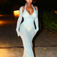 Fashion Sexy 2 Piece Set Woman Ruffles Edge Halter Bodysuits+Low-Neck Full Sleeve High Waist Long Dress See Through Suits