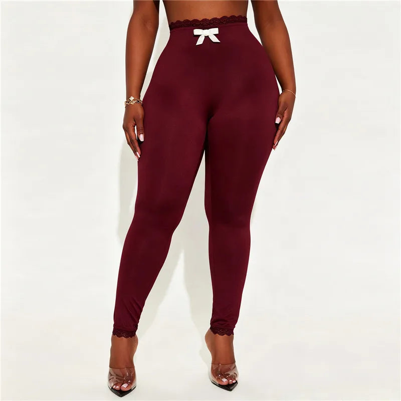 Women Solid Leggings High Waist Lace Trim Waist Ankle Hem With Bow Decor Bodycon Skinny Pants Casual Lounge Leggings