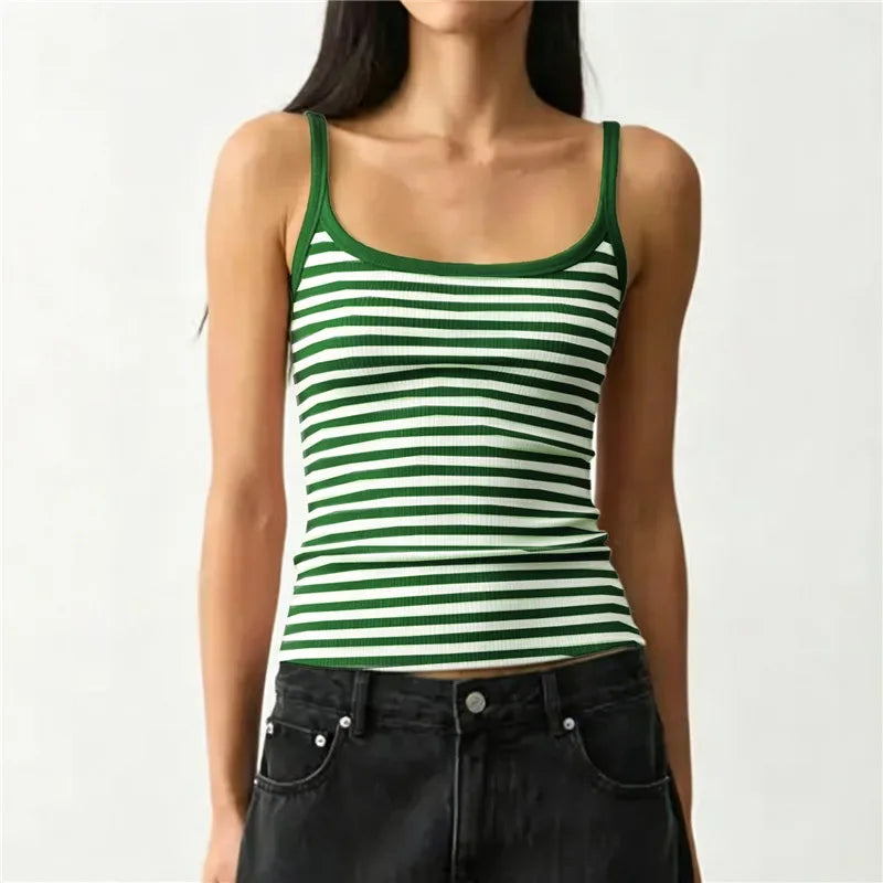Women Striped Ribbed Tank Top U Neck Sleeveless Slim Fit Cami Top Y2K Retro Stripe Print Summer Casual Camisole
