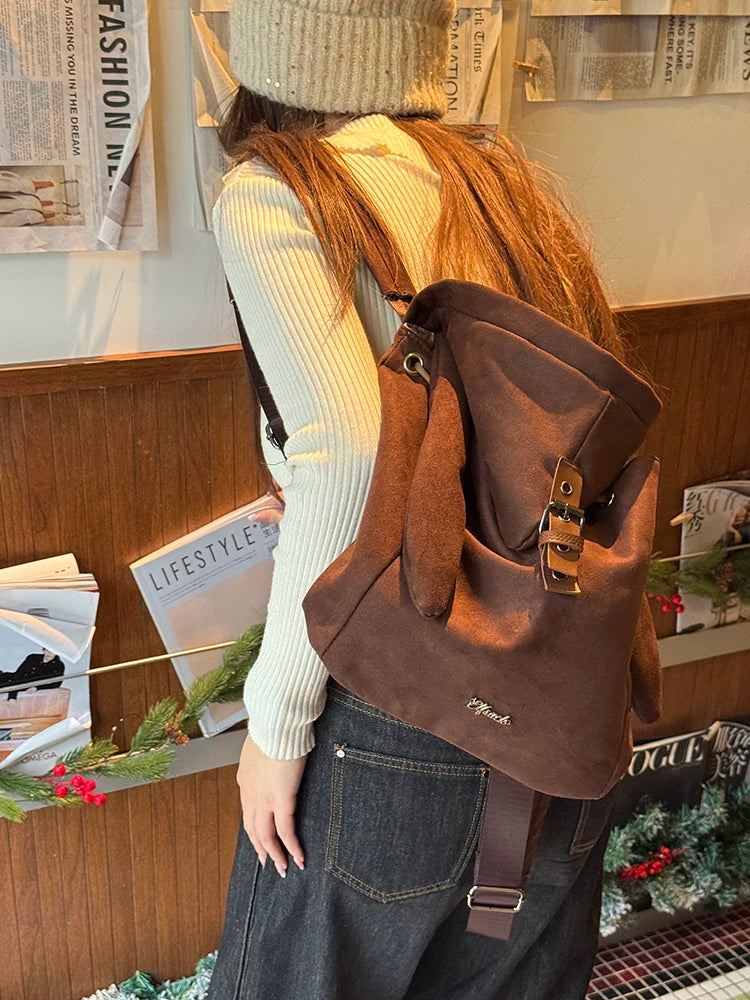 Y2K Preppy Solid Bunny Ear Hat Belt Buckle Backpack For Women