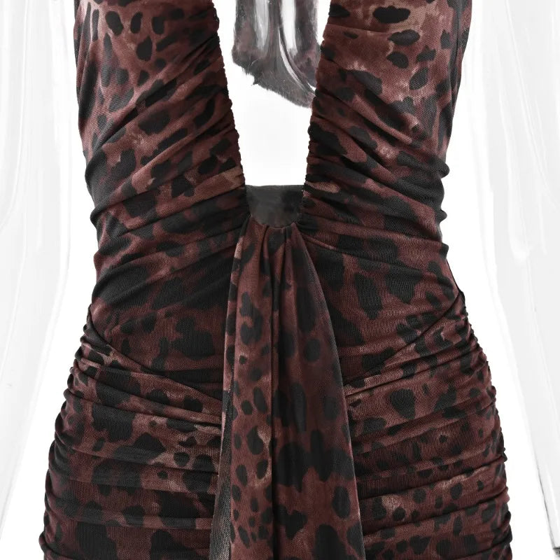 Leopard Mini Dress Sexy Club Outfits Deep V Halter Neck Draped Backless Bodycon Dresses Woman Clothing