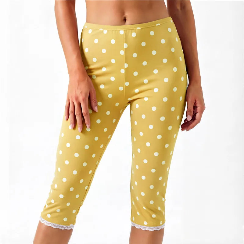 Vintage Polka Dot Cropped Leggings High Waist Lace Trim Hem Calf Pants Women Daily Loungewear Sleepwear Casual Bottoms