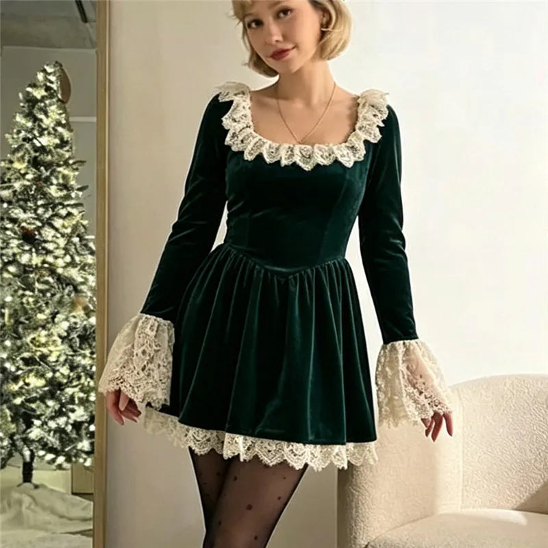 Womens Velvet Lace Mini Dress Square Neck Ruffle Flare Long Sleeve A Line Short Dress Christmas Holiday Party Dress