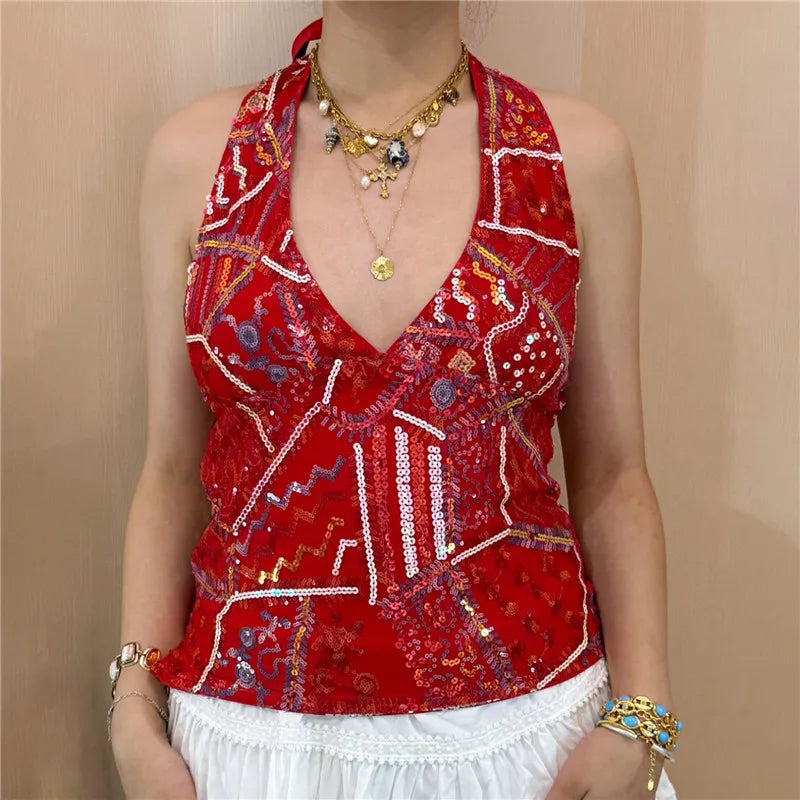Y2k Woman Sexy Colorful Sequin Tank Tops Sleeveless Halter Neck Crop Vest V Neck Backless Cami Tops Streetwear