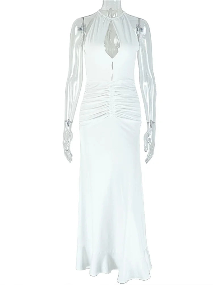 Sexy Hollow Dress Women Lace-Up Halter Sleeveless Ruched Elegant Robe Hottie Skinny Stretch Streetwear Long Bodycon