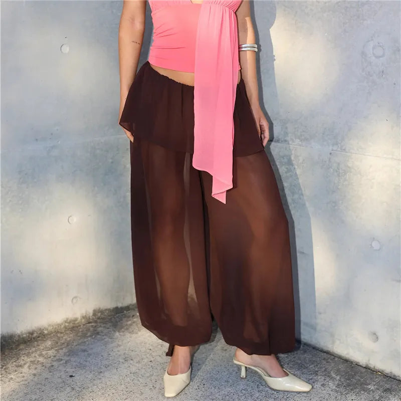 Women Y2K Layered Ruffle Skirt Waist Chiffon Pants Sheer Loose Harem Trousers Drawstring Hem Beach Cover Up Pants