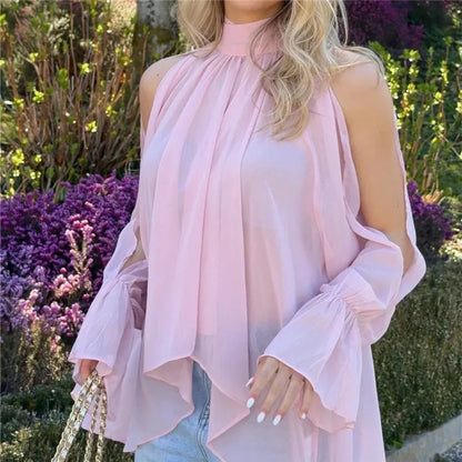 Minimalist Solid Cold Shoulder Chiffon Blouse Mock Neck Back Tie Split Flare Sleeve Loose Irregular Hem Daily Shirt