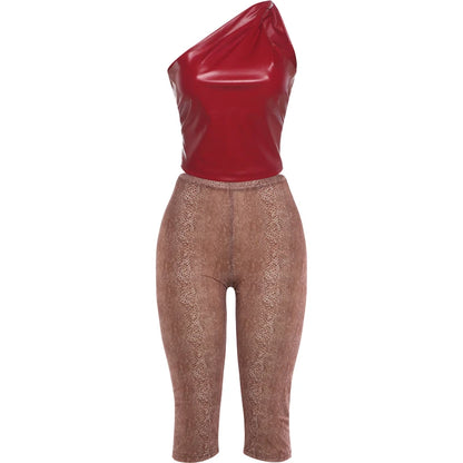 Fashion 2Piece Set Woman PU Leather Skew Collar Backless Tank Tops+Skinny Wrap Hip Crop Pants High Street Style Suit