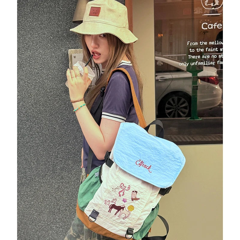 Color‑Block Lightweight Drawstring Backpack with Cartoon Animal Print, Casual Daypack for Outdoor Travel