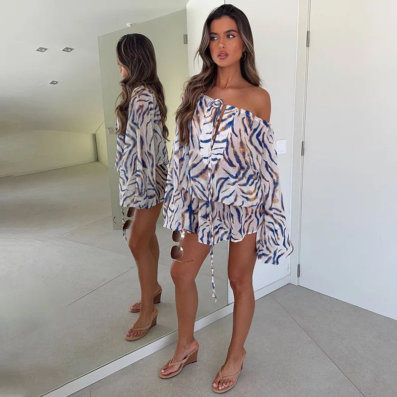 Striped Printed Chiffon Autumn Dresses 2026 Off Shoulder Lantern Sleeve Mini Dress with A Matching Headscarf