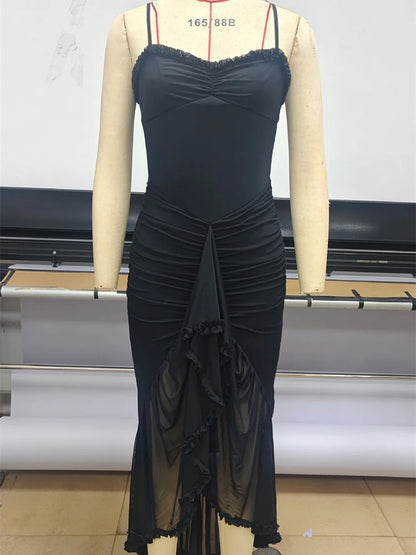 Ruffled Draped Ruched Sexy Maxi Dress For Women Yellow Spaghetti Strap Sleeveless Backless Club Party Sexy Long Dress