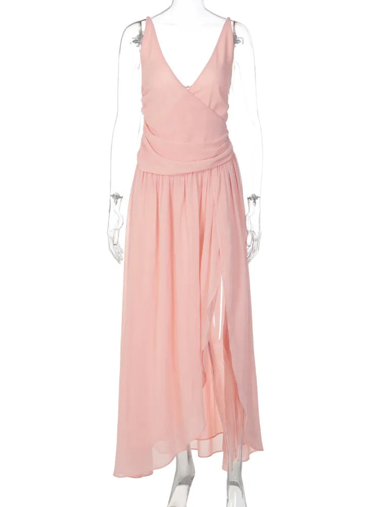 Chiffon Backless Sexy Maxi Dress Women Elegant Pink V Neck Sleeveless Ruched High Split Bodycon Club Party Long Dress