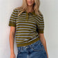 Women Summer Striped Knit Top Short Sleeve Button Casual Knitted T Shirt Vintage Contrast Stripe Basic Pullover