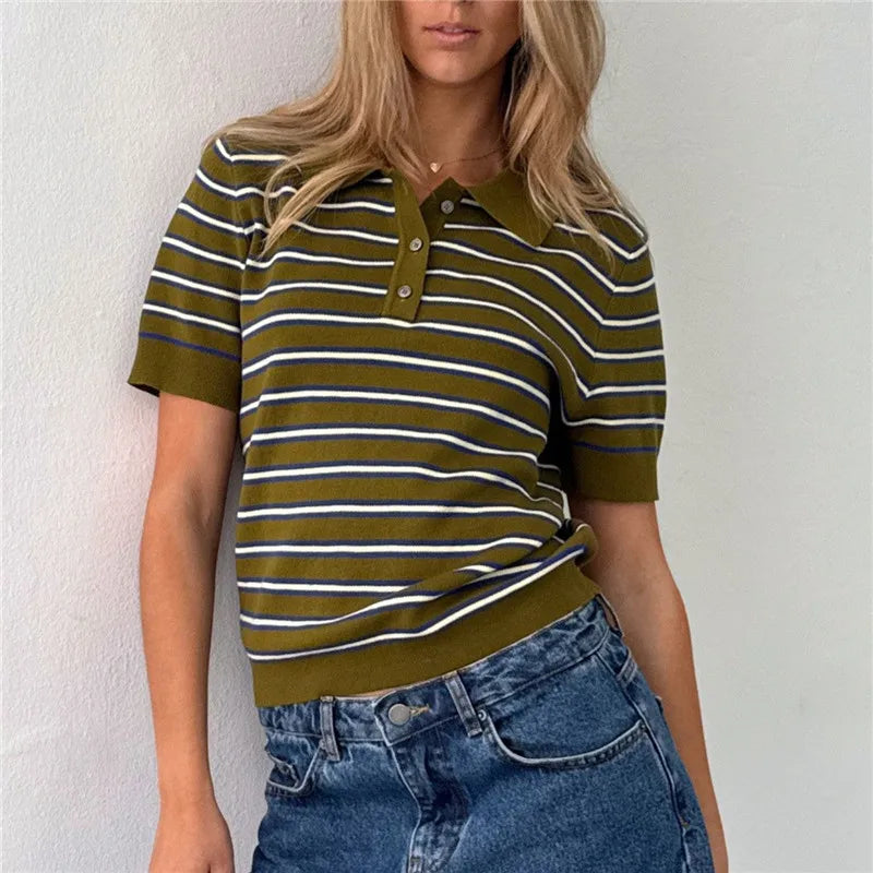 Women Summer Striped Knit Top Short Sleeve Button Casual Knitted T Shirt Vintage Contrast Stripe Basic Pullover