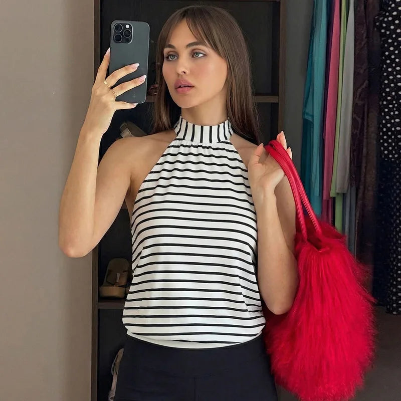 Black and White Striped Halter Tops for Woman Sexy Summer Clothes 2026 Fashion Lace Up Backless Top