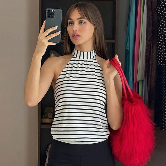 Black and White Striped Halter Tops for Woman Sexy Summer Clothes 2026 Fashion Lace Up Backless Top