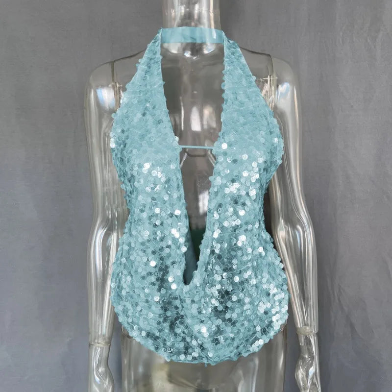 Sexy Sequins Deep V Backless Halter Tops Island Clothing Summer 2025 Fashion Tank Top Woman Beach Resort Wear