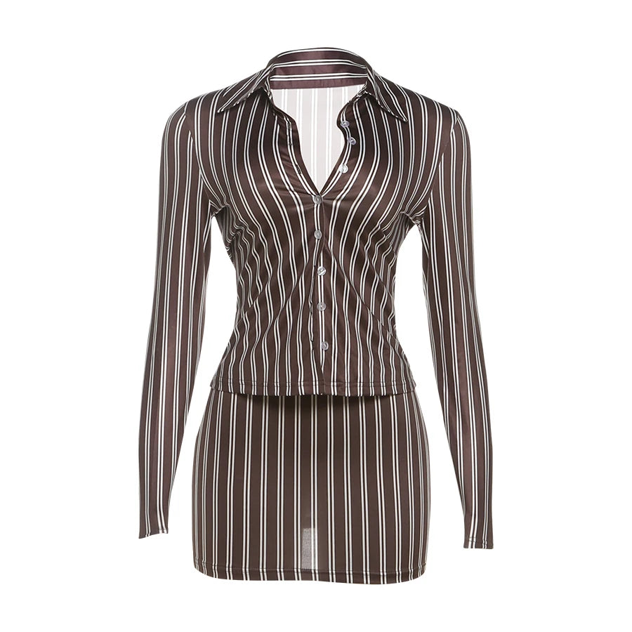 Stripes Print 2-Piece Set Women Tracksuit Crop Blouse+Peach Hip Skirts Matching Streetwear Office Elegant Outfits