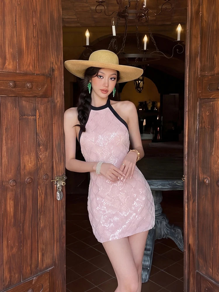 Sequin Dress Women Hlater Backless Sleeveless Skinny Patchwork Zipper Summer Sweet Midnight Chic Fashion Mini Bodycon