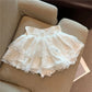 Balletcore Sweet Lace Layered Skort Ladies Large Bow Waist Ruffled Mini Skirt Built In Shorts Y2K Kawaii Going Out Skirt