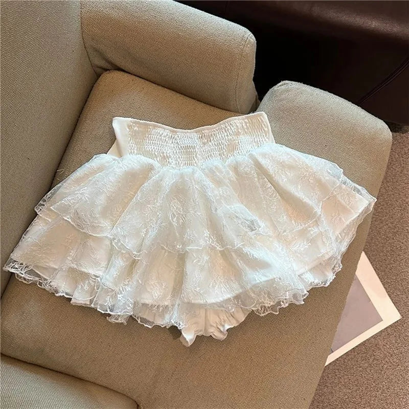 Balletcore Sweet Lace Layered Skort Ladies Large Bow Waist Ruffled Mini Skirt Built In Shorts Y2K Kawaii Going Out Skirt