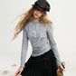 Women's Gray Long Sleeve T-Shirt with Layered Pearl Necklace Print, Casual Crew Neck Top for Daily Wear