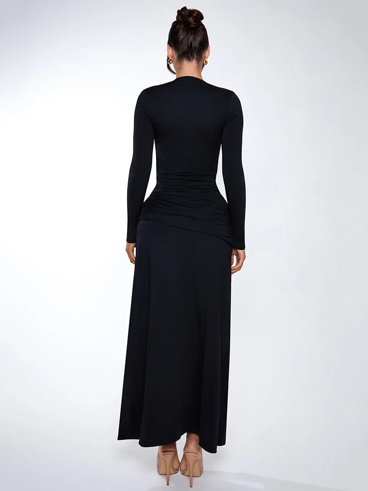 Deep V Neck Long Sleeve Sexy Maxi Dress For Women Autumn Winter New Black Thigh High Split Sexy Club Party Long Dress