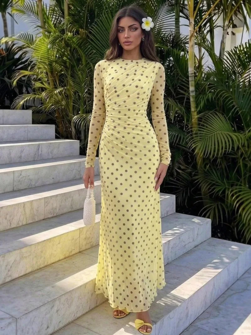 Polka Dot Yellow Mesh Long Sleeve Maxi Dress Autumn 2026 Classy Dresses for Woman Elegant