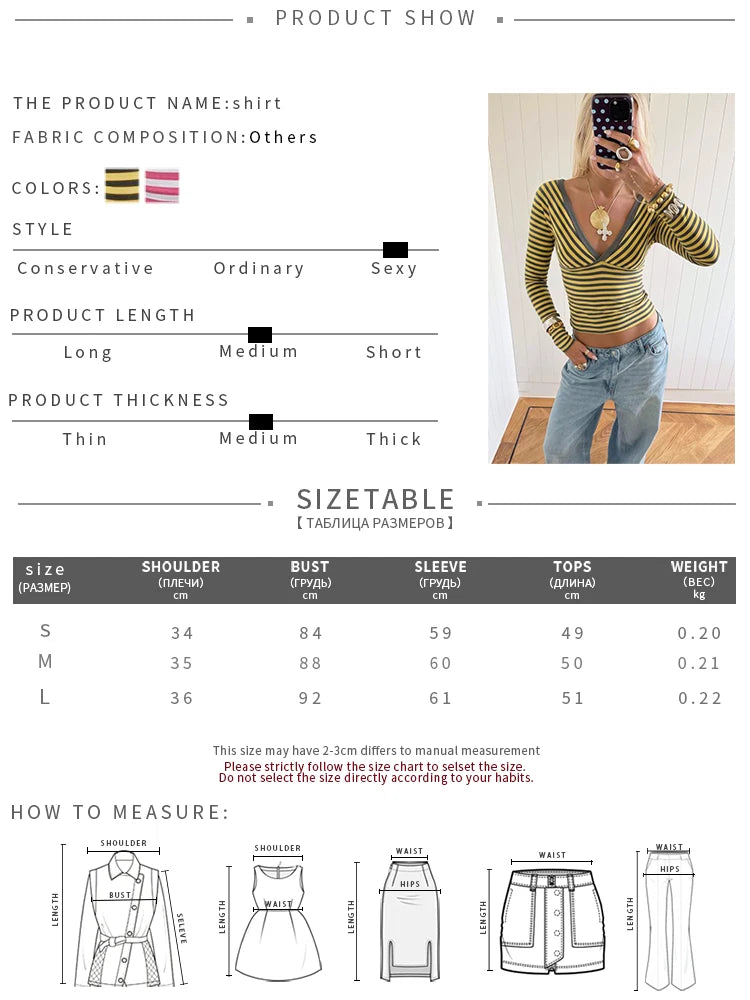 Daily Casuals Fashion Stripes T-Shirt Women Trend Simple V-Neck Line Patchwork Full Sleeve Chic Sporty Street Crop Tees